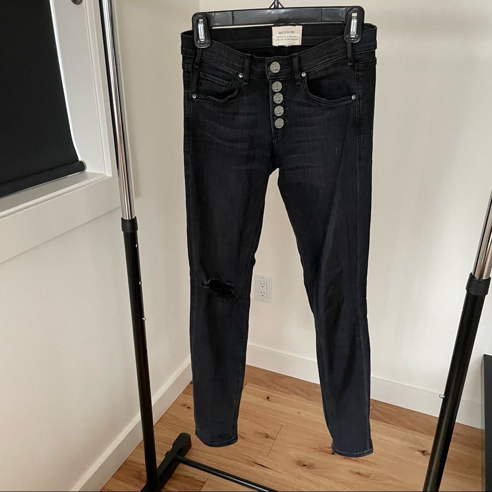 McGuire Denim Button-Front Skinny Jeans, Black, Distressed, Size 25